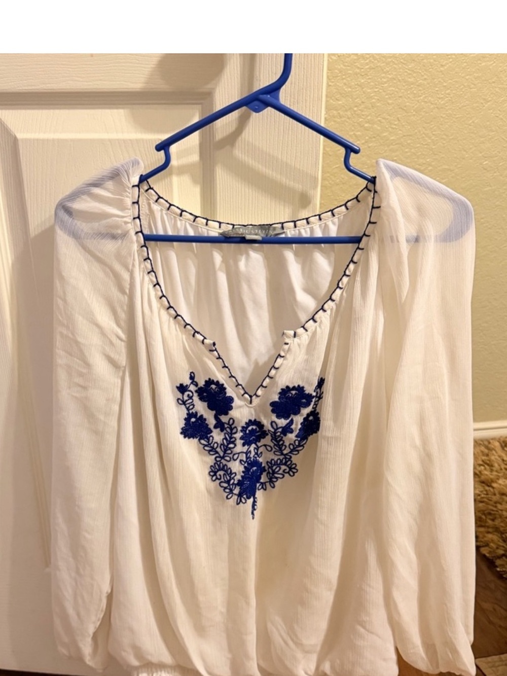 Valerie Stevens White Tunic with Blue Floral Embroidery